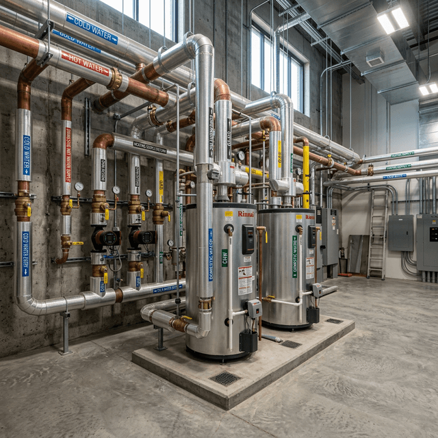 Complex commercial plumbing mechanical room with large-scale industrial water heaters, pipes, and manifolds against a concrete wall