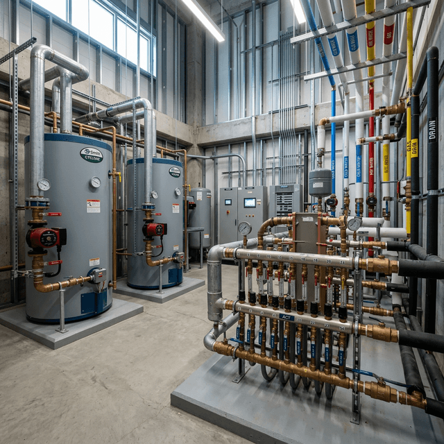 Modern commercial mechanical plumbing room with large-scale industrial pipes and water heaters