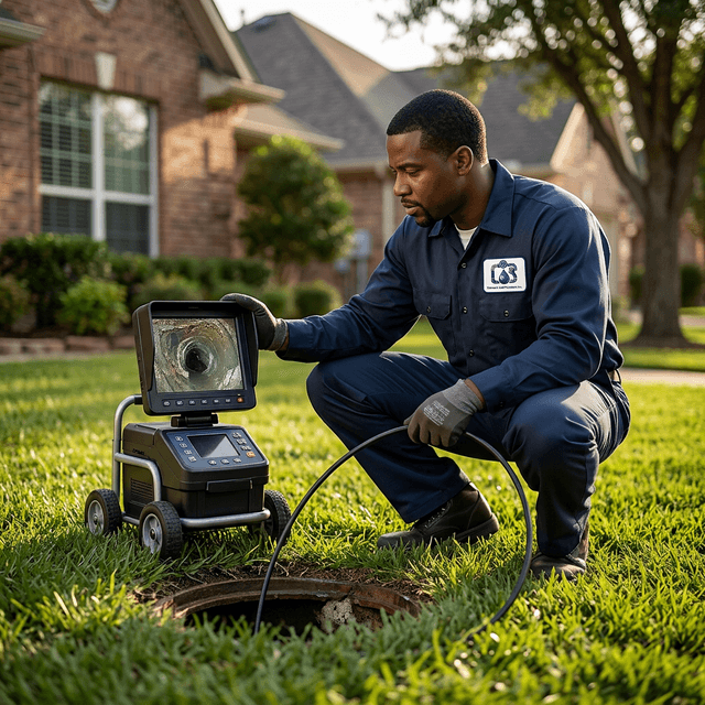 Professional plumber performing a sewer line video camera inspection