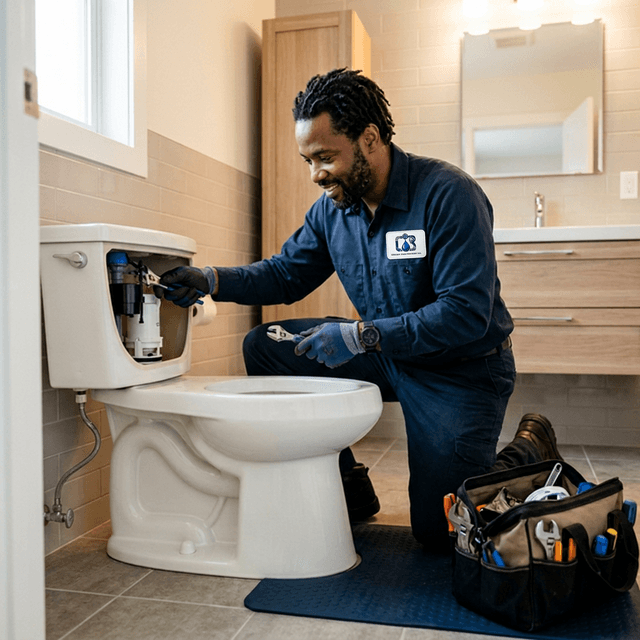 Professional plumber repairing a toilet in a clean bathroom