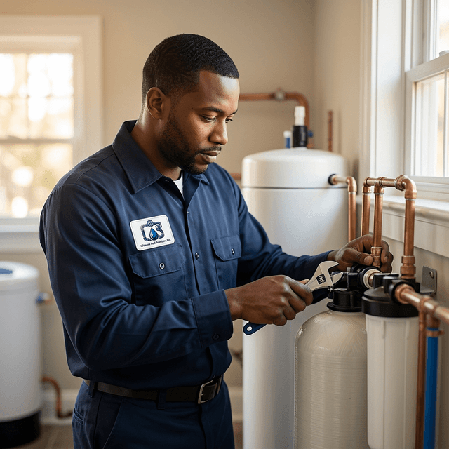 Professional plumber installing a water treatment system